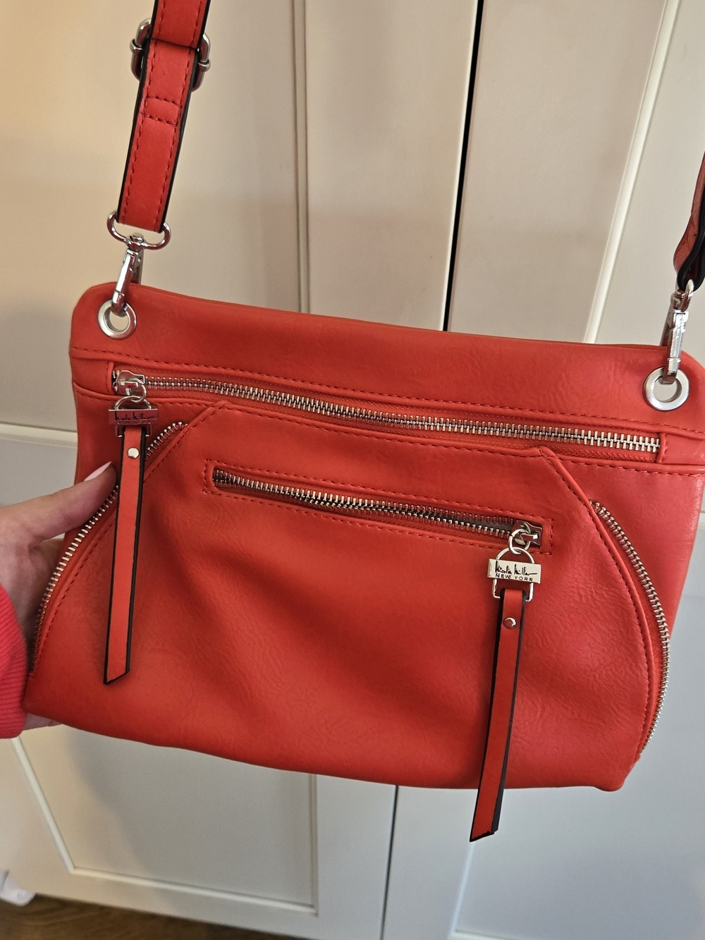 Nicole Miller Red Leather Crossbody with Silver Hardware
